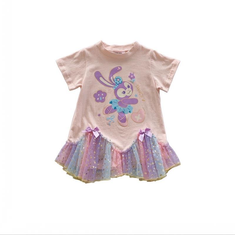 Đầm Cotton Ngắn Tay Phối Lưới Màu Cầu Vồng Họa Tiết Hoạt Hình Cho Bé Gái