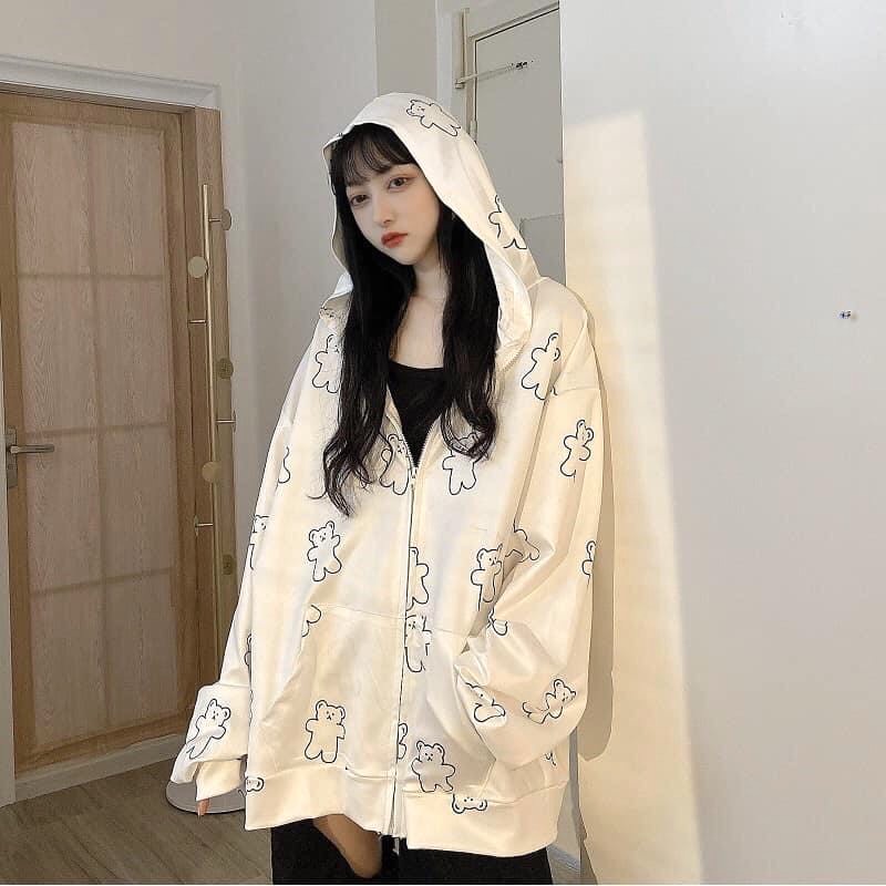 Áo Khoác Trắng Icon Gấu PEONYB Nữ [FREESHIP]  Jacket nỉ có mũ, hoodie zip form rộng tay bồng cá tính Ulzzang