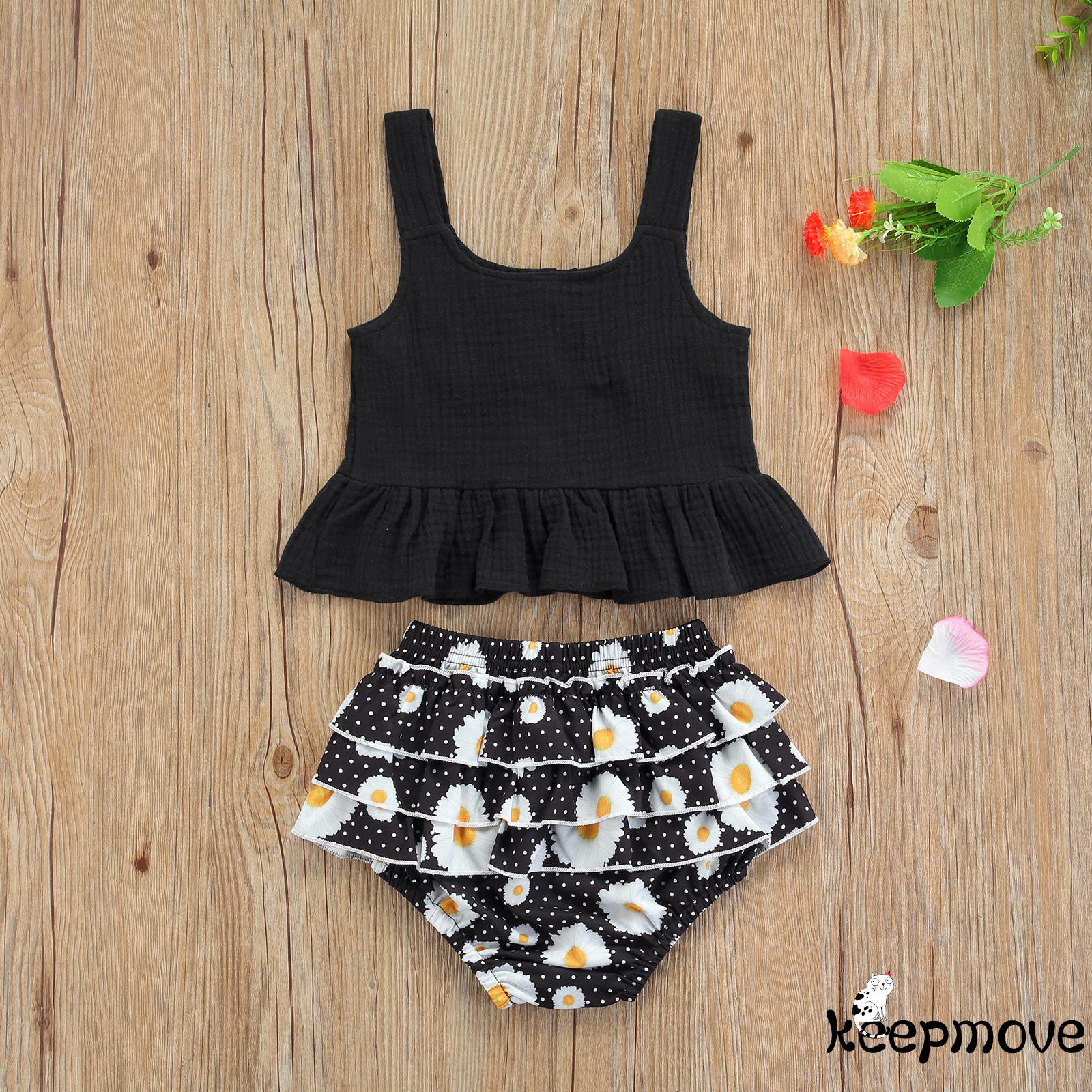 Set Đồ Mùa Hè 2 Món Áo Tank Top Cài Nút Màu Sắc Trơn + Quần Dài Nhiều Lớp Đính Hoa Cho Bé Gái 6 Tháng Đến 4 Tuổi