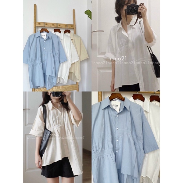 Áo sơ mi trơn cộc tay vạt lệch Freesize, Sơ mi kiểu from rộng Unisex (đủ màu)