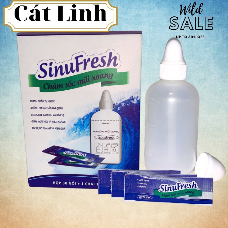 Bình rửa mũi xoang Sinufresh Cát Linh - Hộp 30 gói muối và 1 chai rửa 180ml