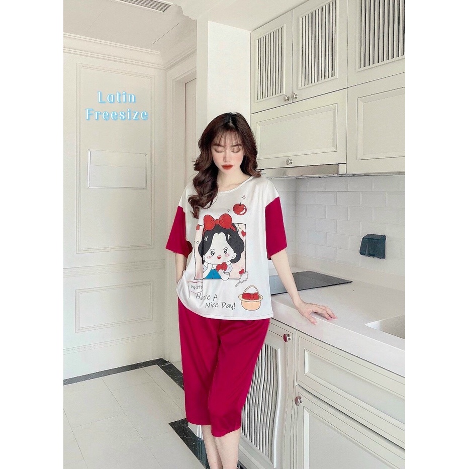 Bộ ngủ pijama lụa đồ mặc nhà bigsize quần lửng tay cộc họa tiết dễ thương BL201