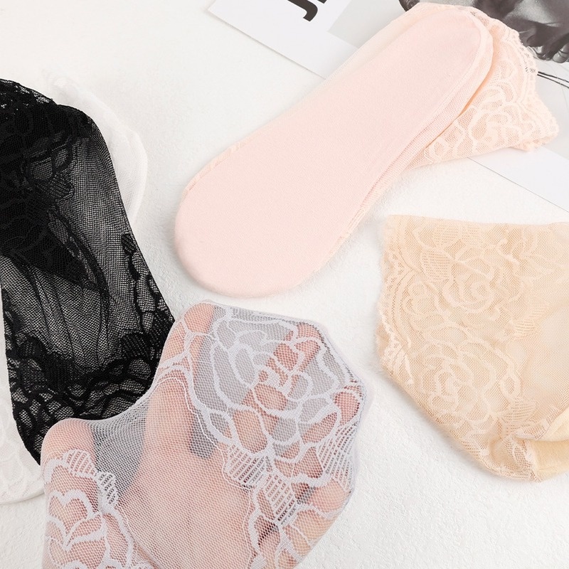 1 Đôi Tất Ren Mỏng Thoáng Khí Chống Trượt Họa Tiết Hoa Mận Cho Nữ