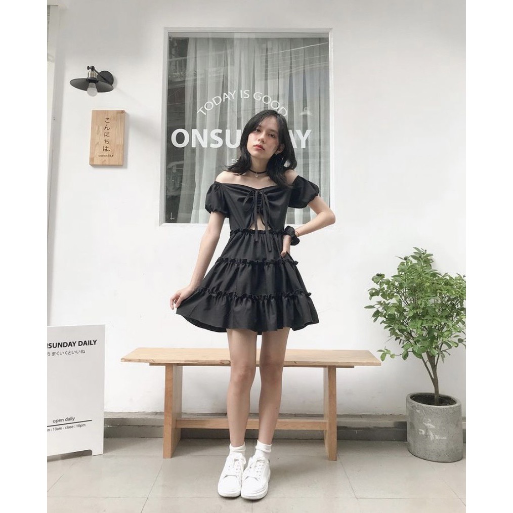 (CLIP THẬT) Đầm babydoll tiểu thư rút dây khoét eo ullzang | BigBuy360 - bigbuy360.vn