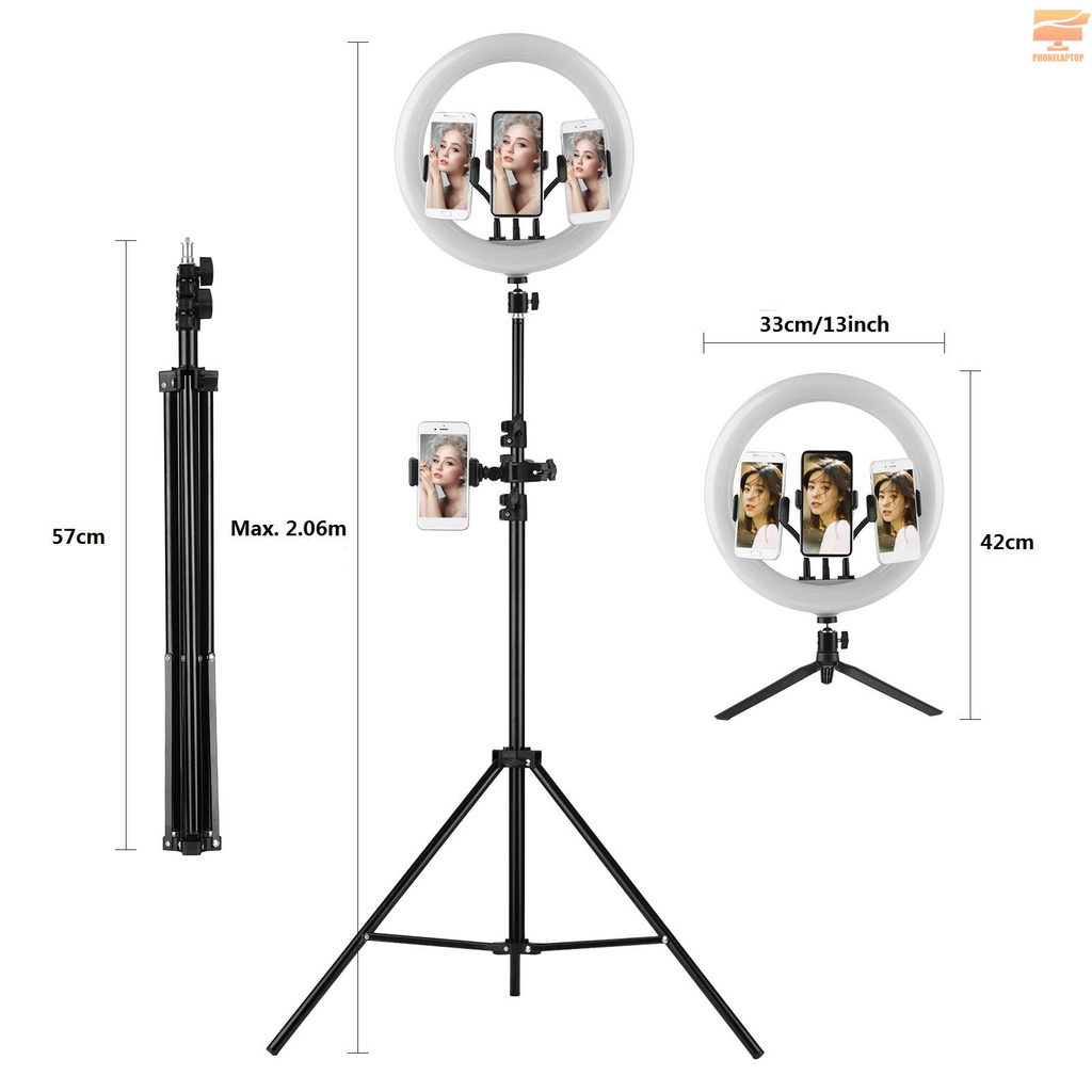 Lapt 13 Inch LED Right Light Photography Light Bi-color Temperature 2800K-5800K 10 Levels Adjustable Brightness with Tripod Phone Holder for Makeup Multi-platform Live Steam Selfie Video Conference