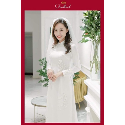 Áo dài trắng tây thi 2tà thêu thiết kế thủ công