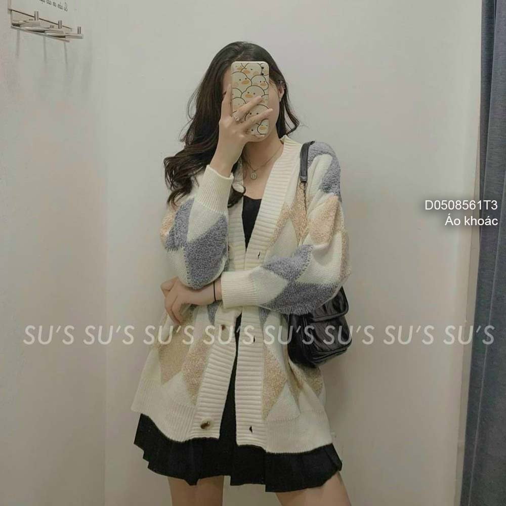 Áo khoác len cardigan phối họa tiết trám gài nút form rộng tay dài hàng QC!