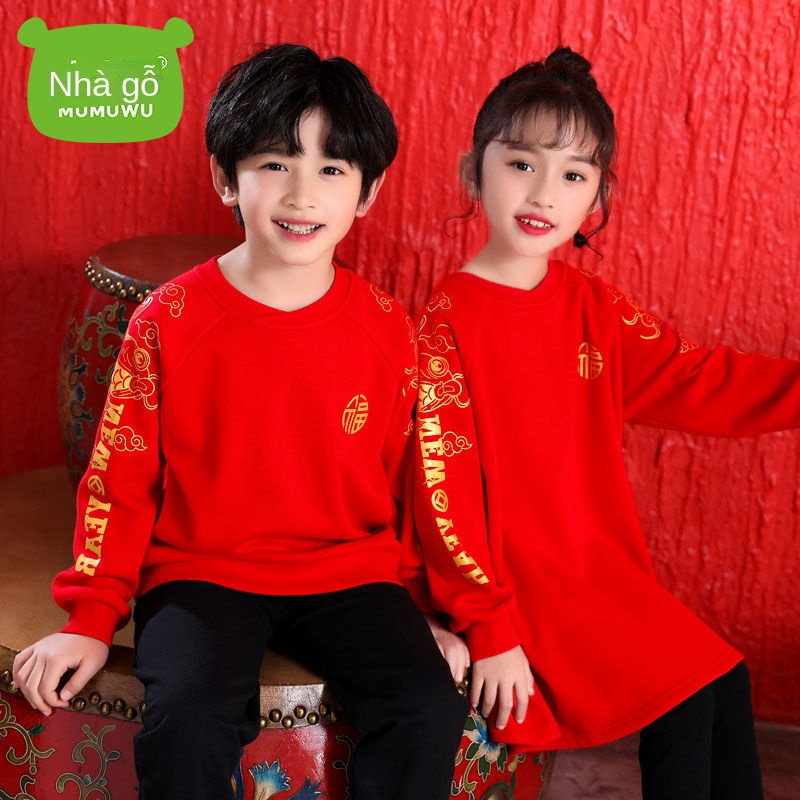 ┇℡☒Áo len nhung trẻ em nhà gỗ cho bé trai bé gái tuổi hổ áo đỏ bé trai bé gái 12 tuổi quần áo tết