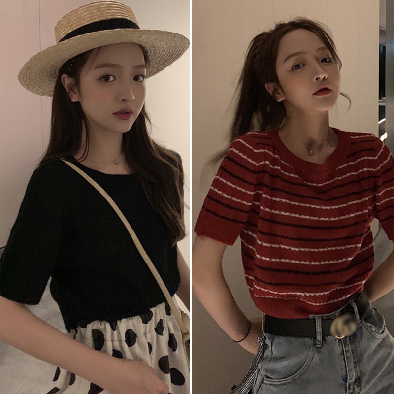 Áo crop top chất liệu dệt kim ngắn tay phong cách Hàn Quốc trẻ trung dành cho nữ | BigBuy360 - bigbuy360.vn