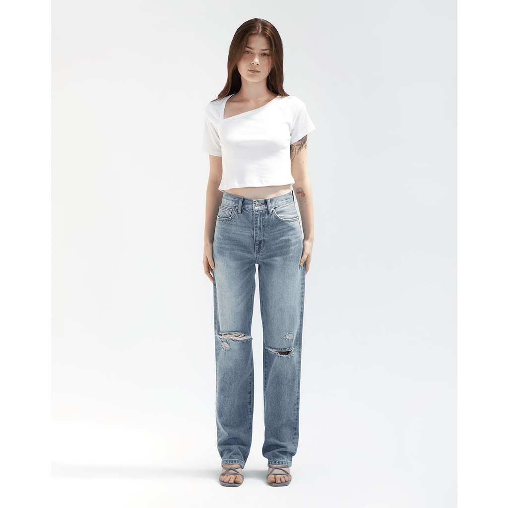 TheBlueTshirt - Quần Jeans Nữ Ống Rộng Rách Gối Màu Xanh Nhạt - Saigon Distressed Jeans - Boyfriend Love Wash