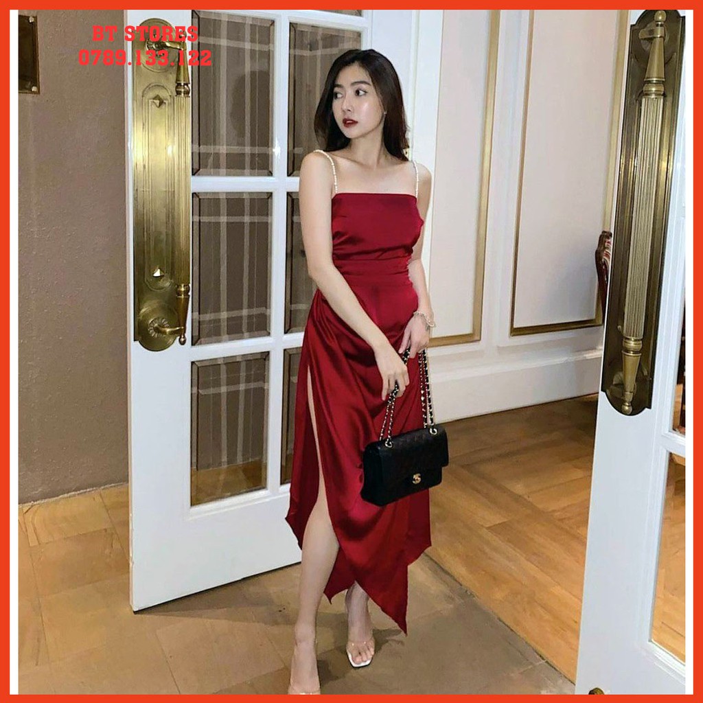 Đầm dự tiệc sang trọng thiết kế xẻ tà, nhún eo, chất vải Satin lụa Pansy (BT038)