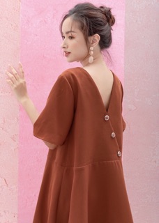 Đầm váy cam đất xoè nút sau