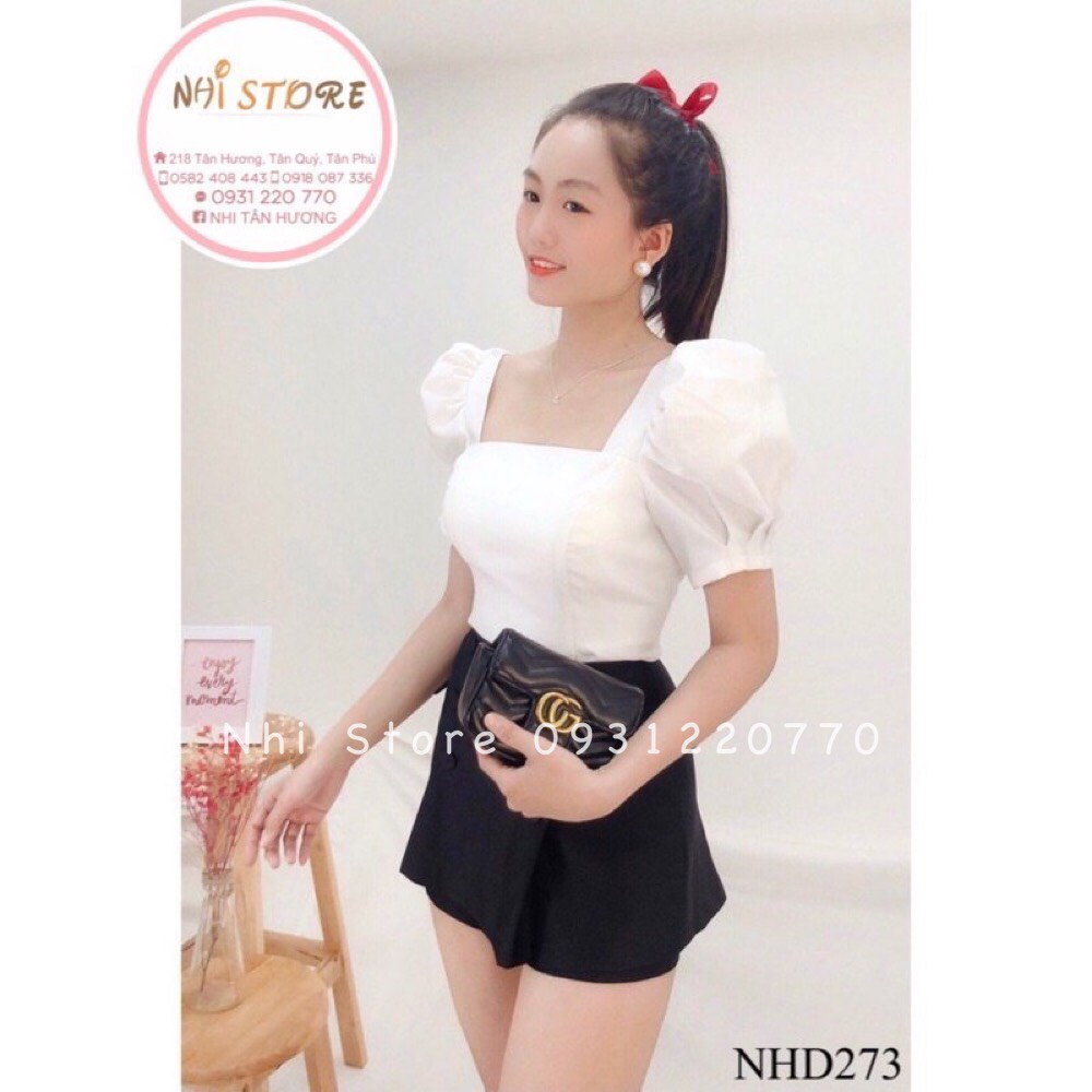 Áo Kiểu Nữ NHISTORE Cổ Vuông Tay Phồng Xếp Ly Vải Taffa Cao Cấp Freesize Dưới 57 Kg