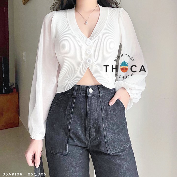 Áo len kiểu croptop cổ V tay voan dài trắng, đen, kem THOCA HOUSE thời thượng cực xinh