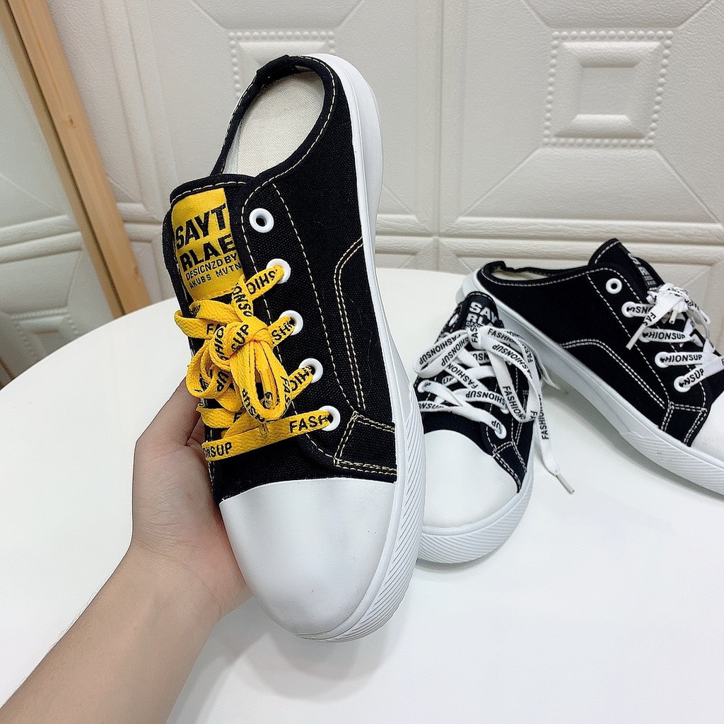 1F02 Giày Sục nữ cá tính thể thao dây in chữ giày sneaker dép đi học sục nữ giày thể thao nữ trắng