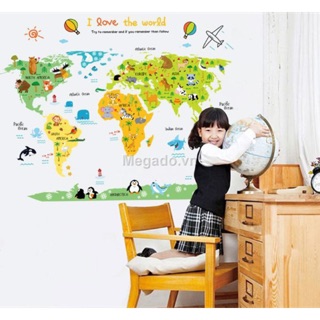 Decal tranh dán tường b ả n đ ồ t hế giới cho bé