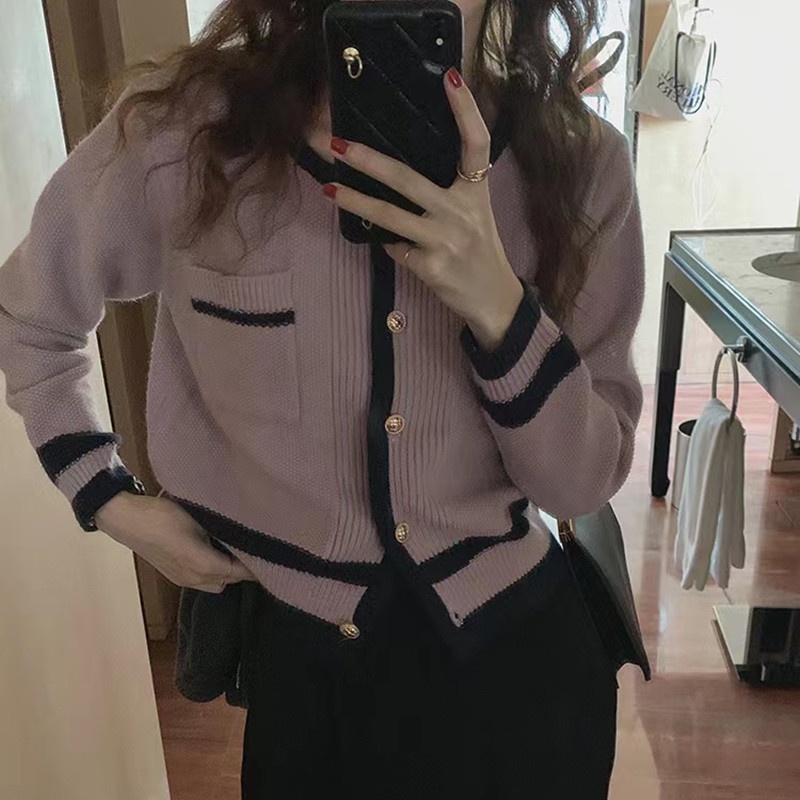 SUXI Áo khoác cardigan dệt kim tay dài dáng rộng cổ tròn màu sắc tương phản phong cách Hàn Quốc thời trang cho nữ