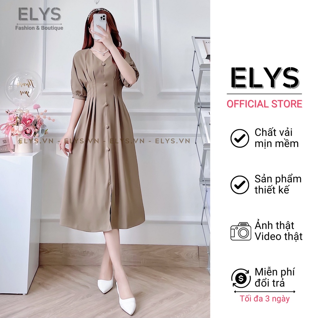 Váy Tiểu Thư Công Sở ELYS Chất Trượt Cao Cấp Thiết Kế Xếp Ly Eo Tay Cánh Rơi Dáng Xòe Nhẹ Phối Cúc Bọc Cao Cấp LY021