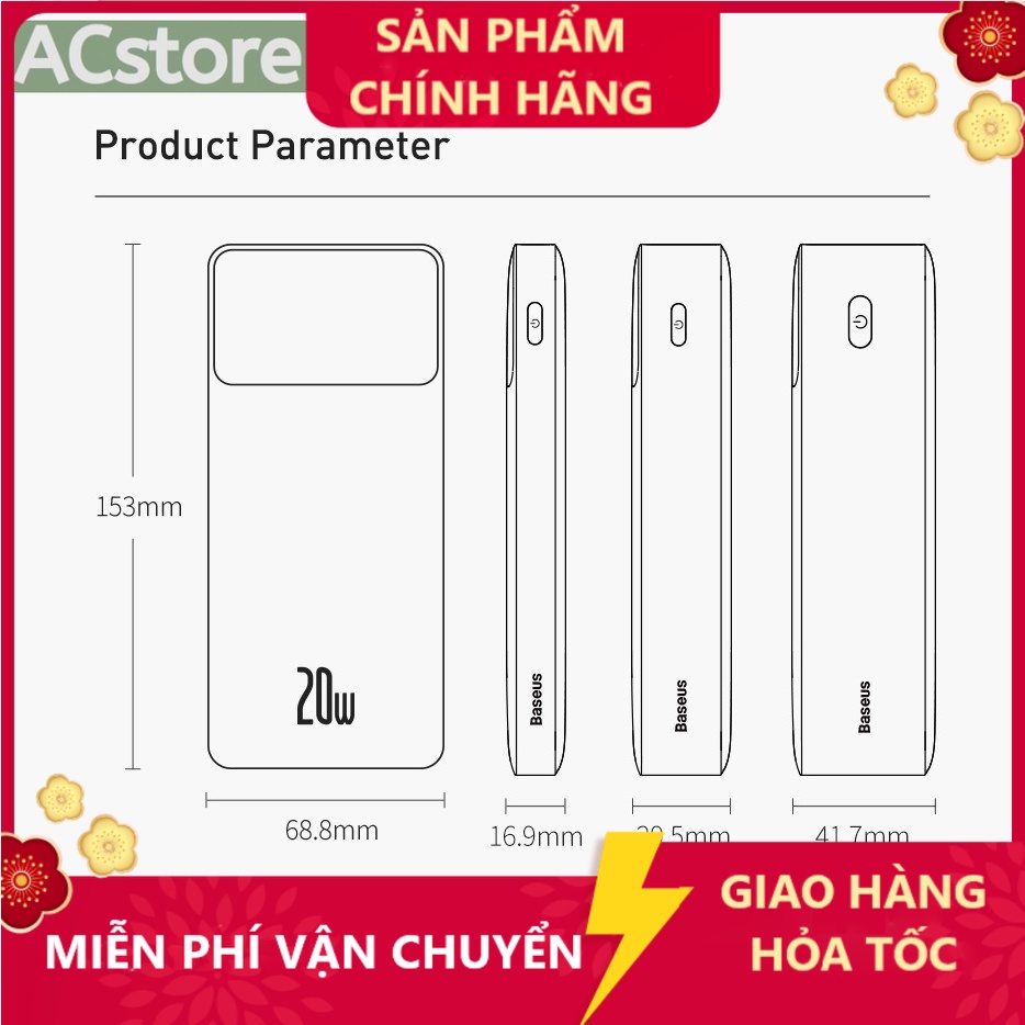 Pin dự phòng sạc nhanh Baseus Bipow Pin Sạc Dự Phòng Baseus công suất 20W/15W , dung lượng 10000/20000  ACstore
