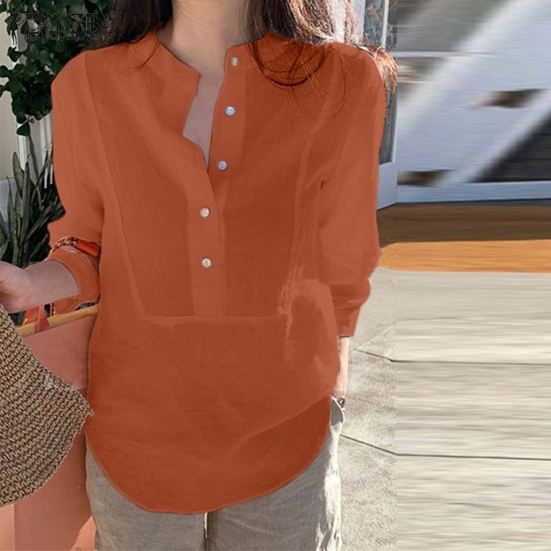 Áo sơ mi nữ ZANZEA bằng cotton tay dài màu trơn cài nút thời trang
