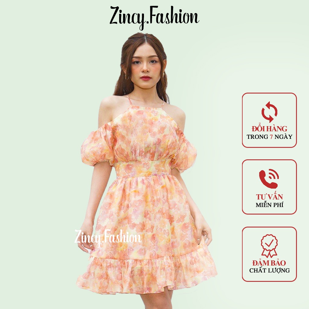 Đầm trễ vai cổ dây yếm dáng xoè Váy cổ yếm tay phồng hoa cam xòe bồng 2 lớp