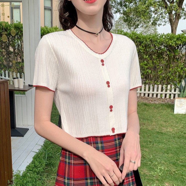 Xiaozhainv Áo thun tay ngắn ôm dáng cổ chữ V thanh lịch