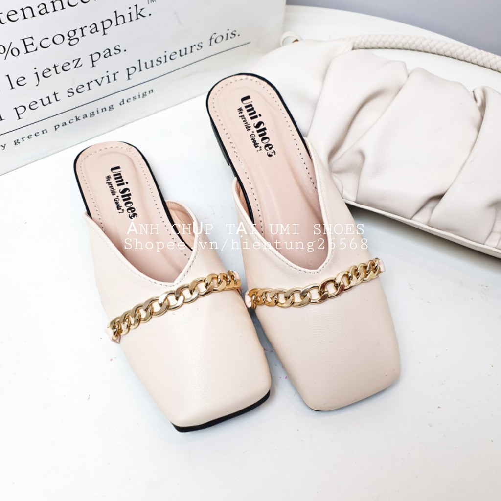 [NOWSHIP HN] Giày sục mũi vuông đế bằng bệt xích màu đen/kem đơn giản nữ tính xinh đẹp nhẹ nhàng đi chơi đi làm mới xinh
