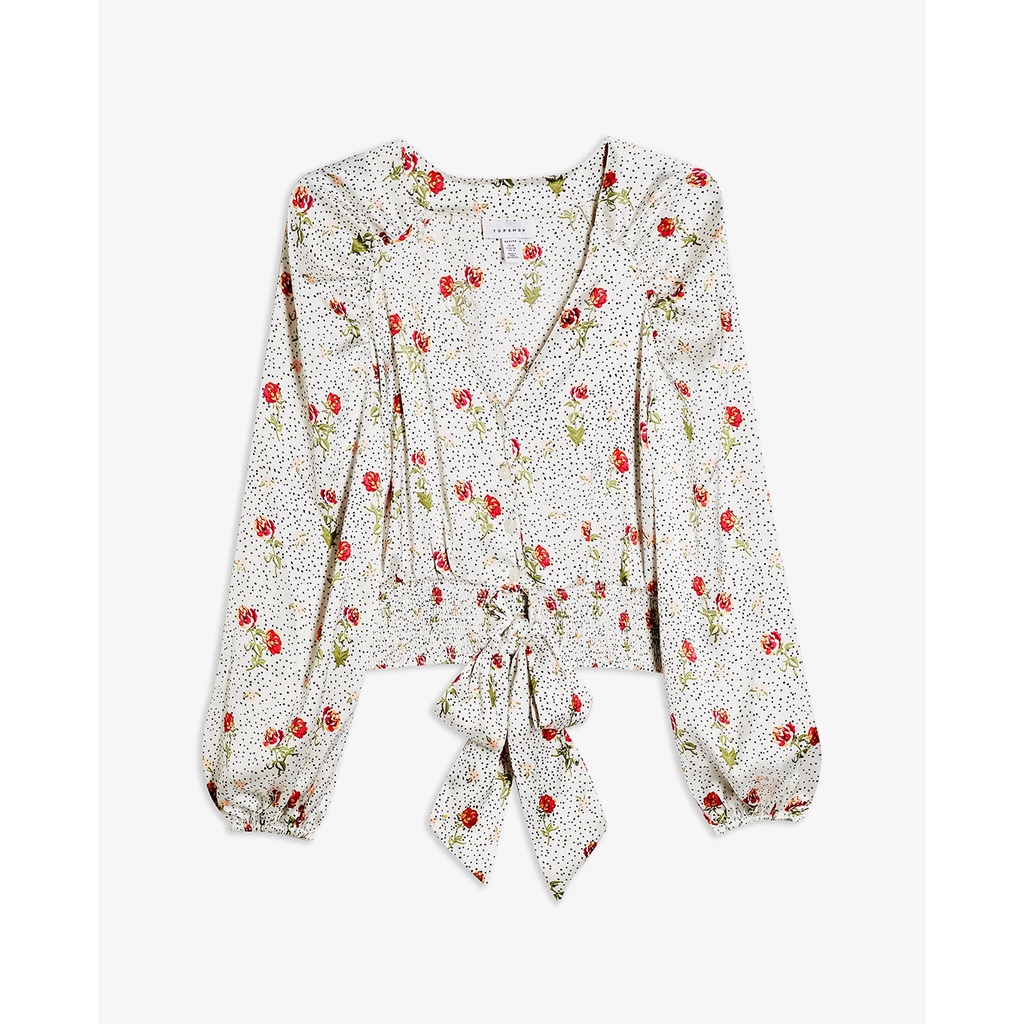 TOPSHOP - Áo kiểu nữ PETITE Cream Satin Floral Dot Tie Front 26B06SCRM-200