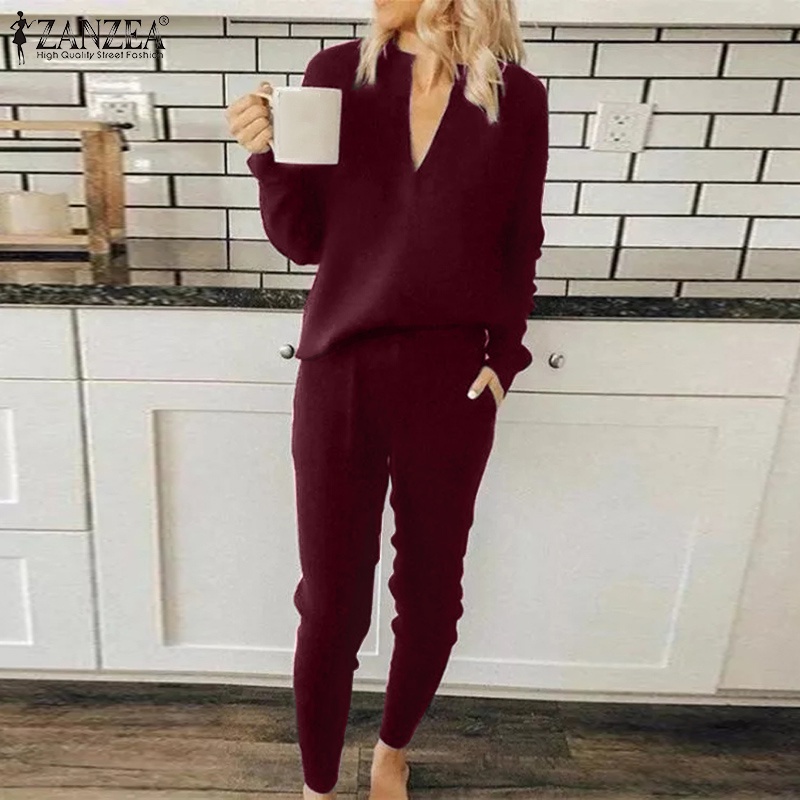 Set đồ thể thao ZANZEA gồm áo sweatshirt cổ chữ V + quần dài eo co giãn phong cách thường ngày cho nữ