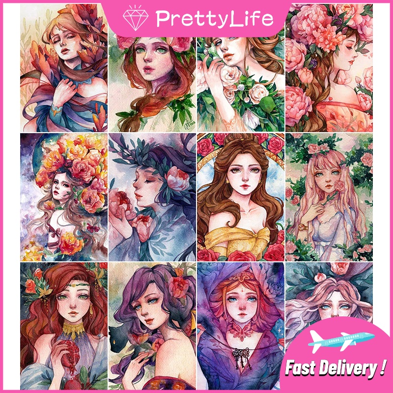 Set tranh đính đá 5d hình cô gái &amp; hoa trang trí độc đáo DIY kích thước 30x40cm