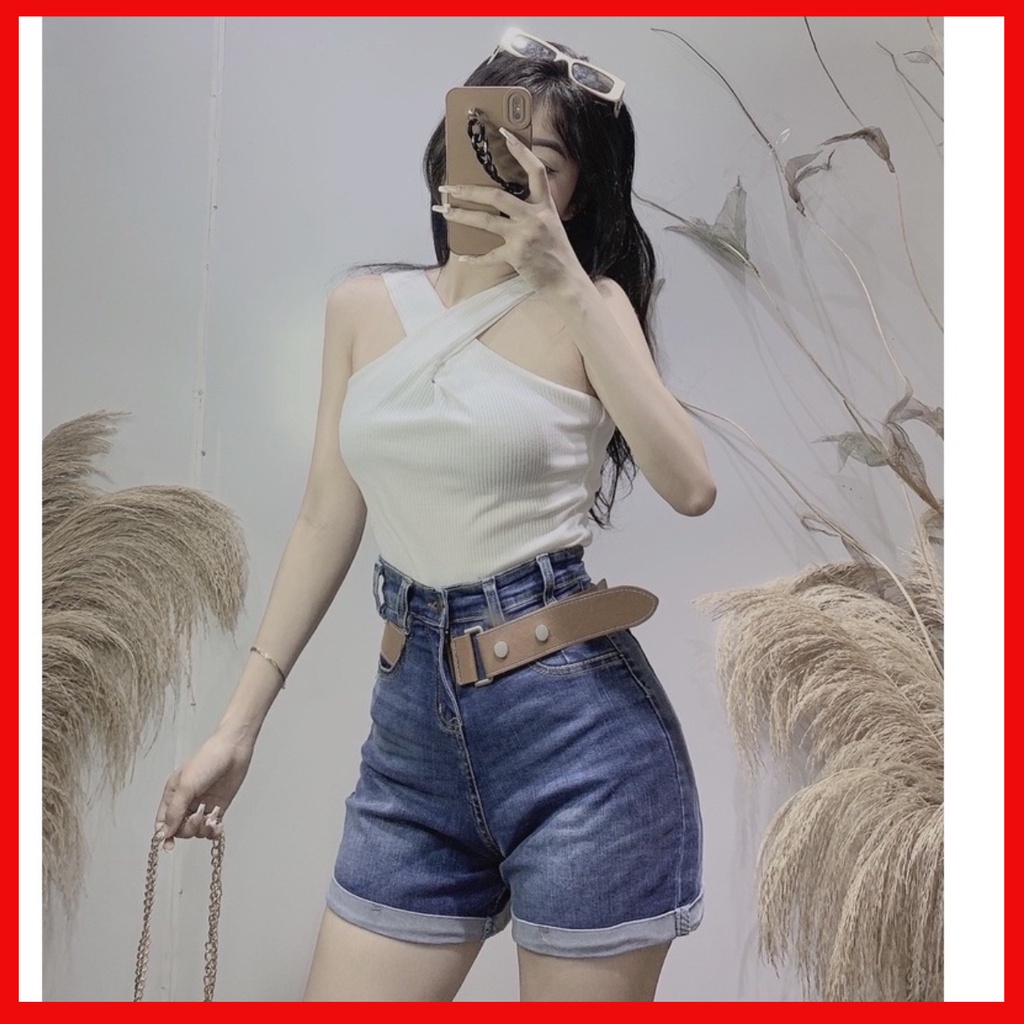 quần short jean lưng cao phối đai da lật gấu hottren