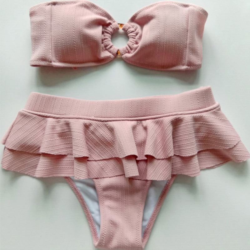 Bộ Đồ Bơi Bikini 2 Mảnh Không Dây Cổ Tròn Lưng Cao Xếp Nếp
