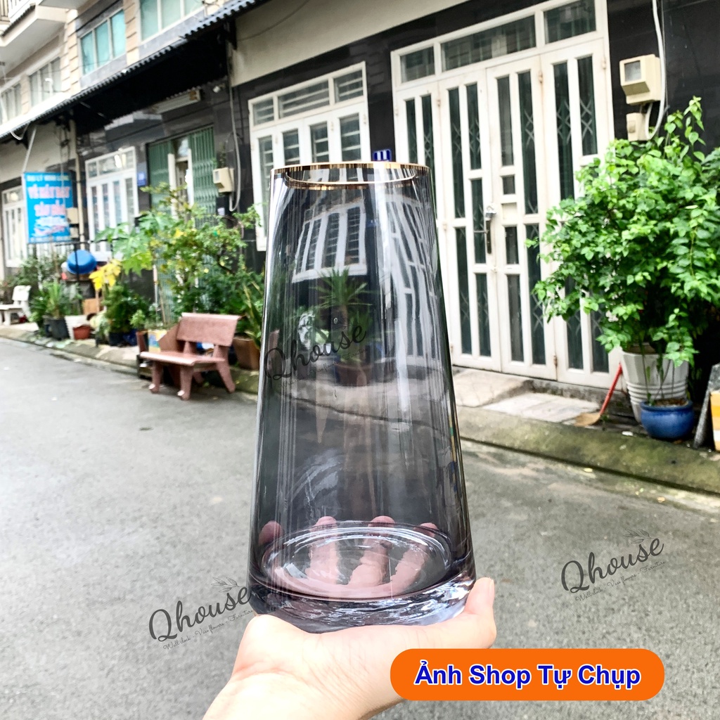 Lọ hoa thuỷ tinh miệng sơn mạ vàng cao cấp Qhouse , bình hoa trang trí phòng khách phòng ngủ để bàn làm việc đẹp