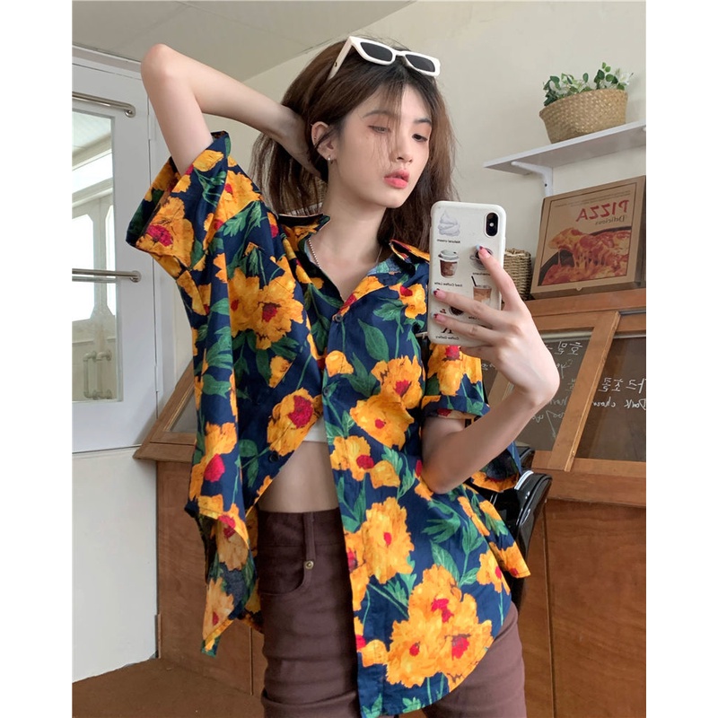 Áo Sơ Mi Nữ Tay Ngắn Họa Tiết Hoa Hướng Dương Thời Trang