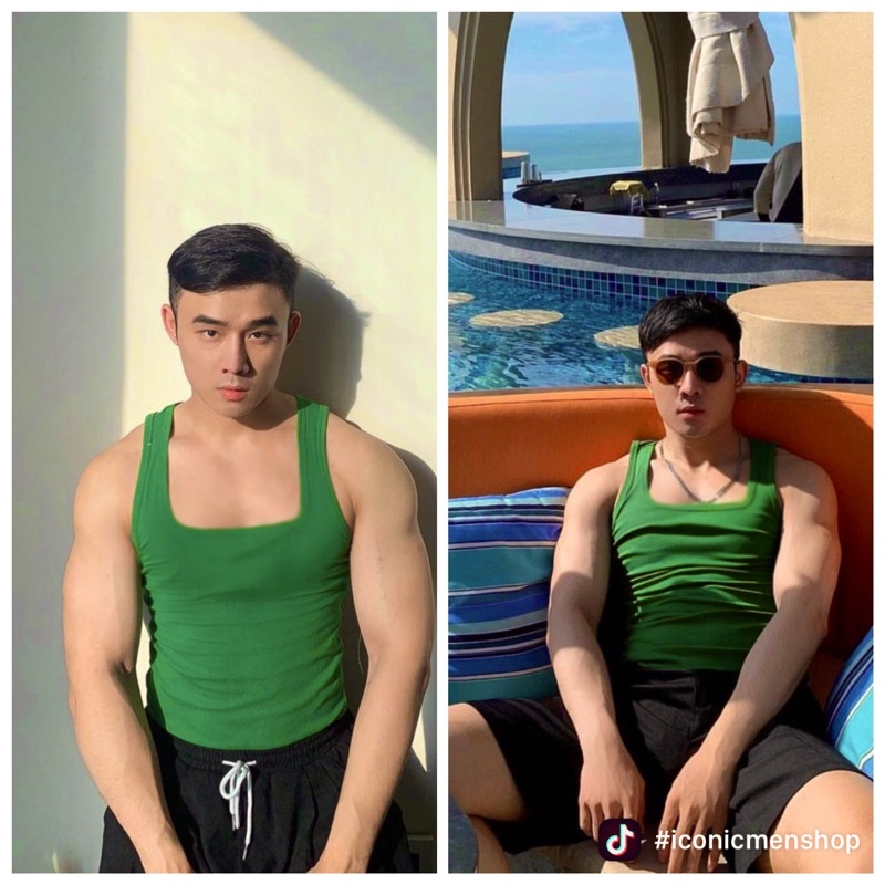 Áo ba lỗ nam cổ vuông màu xanh két