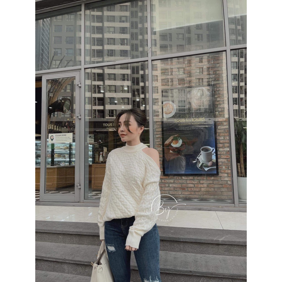 Áo len thừng nữ, áo len lệch vai tay dài form rộng chất len dày dặn mặc mịn phom dễ mặc tông màu trắng xinh Oanh Shop | BigBuy360 - bigbuy360.vn