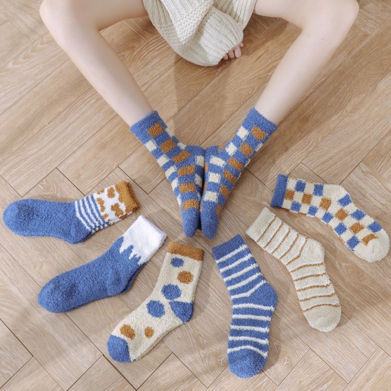 TLB07 Tất vớ nữ len bông lông cừu lông xù chất dày ấm xanh dương nâu