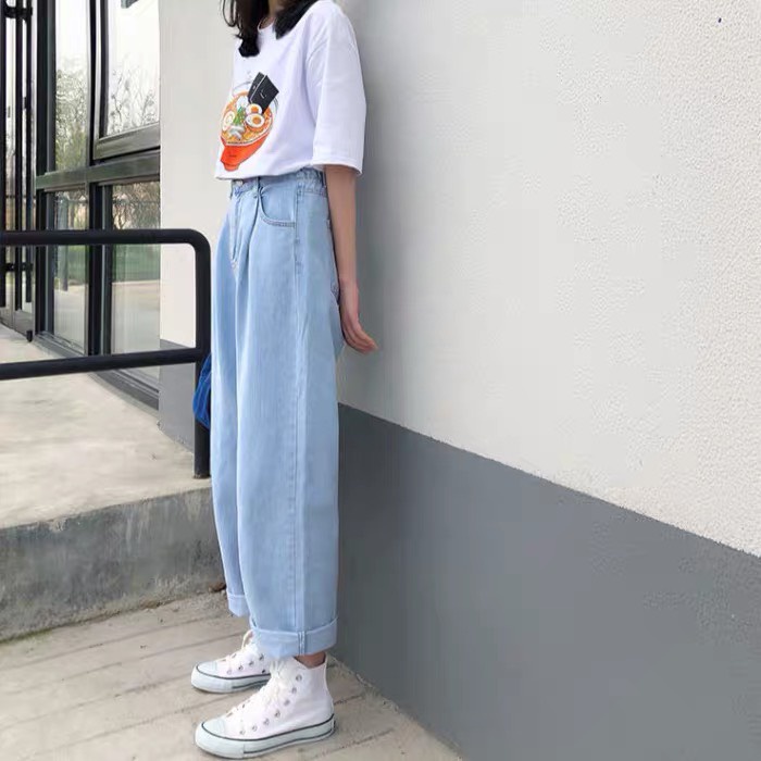 Quần Jean ống rộng nữ Hiyou, Quần bò nữ ống suông rộng lưng cao Ulzzang TR