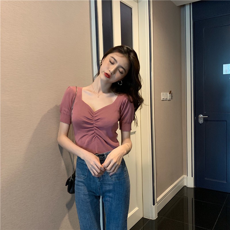 Áo Croptop ôm tay phồng cổ tim nữ tính phong cách ulzzang Hàn Quốc C46 - MaoMao