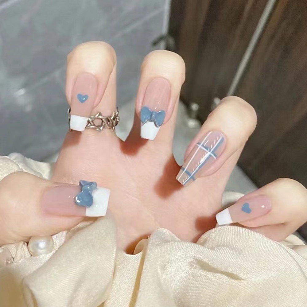 Bộ 24 móng tay giả ngắn đính nơ dành cho bé gái