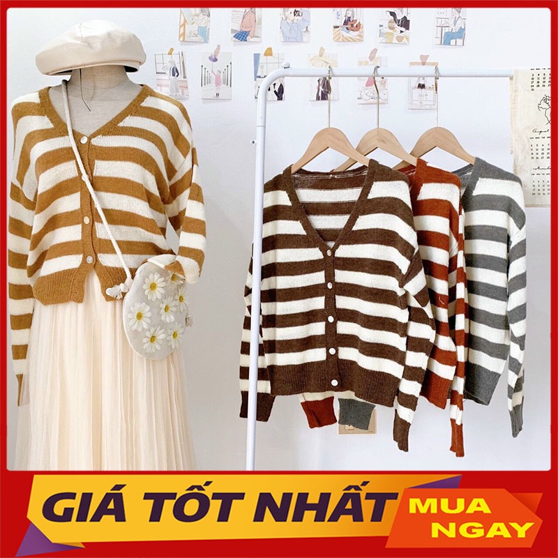 Áo Cardigan Len Kẻ Cổ Tym Hàng Quảng Châu M0275