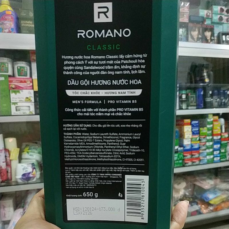 DẦU GỘI DƯỠNG TÓC CHẮC KHỎE ROMANO CLASSIC 650G,HƯƠNG NƯỚC HOA NAM TÍNH