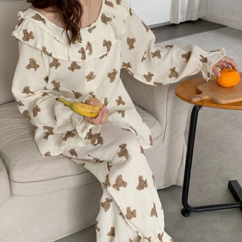 Đồ ngủ pijama dài tay đồ mặc nhà đũi xốp gấu nâu cổ bèo hè thu đông Hàn Quốc ullzang