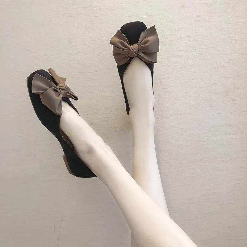 Dép búp bê mũi vuông đính nơ dễ thương phong cách Hàn Quố