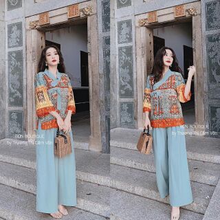 Bộ lam đi chùa thổ cẩm cột eo