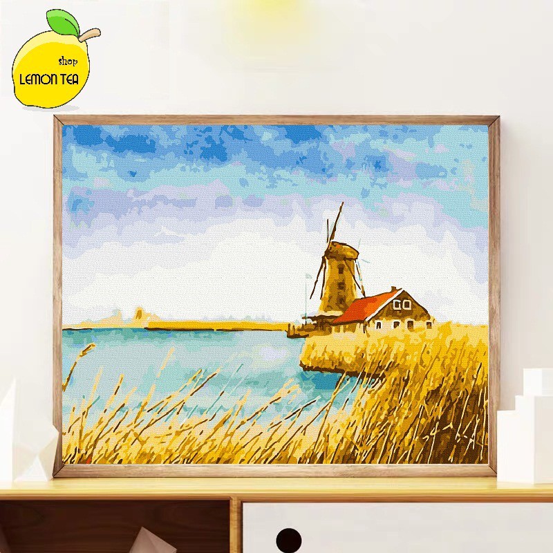 TRANH TÔ MÀU SỐ HÓA LEMON TEA SHOP " MÙA HẠ CỦA CỐI XAY" KHỔ 40X50