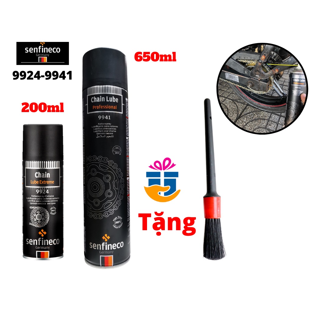 Xịt Dưỡng Sên Bôi Trơn Sên Xích Senfineco 9924, Dưỡng Sên Chain Lube Professional 9941 200ml  - 650ml Tặng Cọ