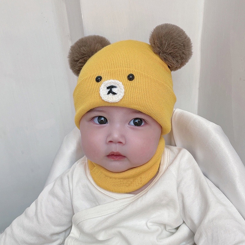 Mũ beanie Kèm Khăn Choàng Cổ Giữ Ấm Tai Hình Gấu Hoạt Hình Dễ Thương Cho Bé 0-2 Tuổi