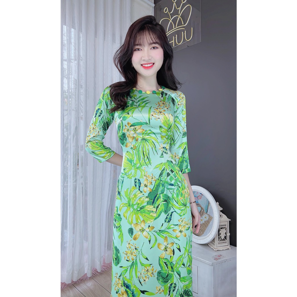 Áo dài hoa cách tân nữ cổ tròn đính nút bọc sang trọng không kèm quần CHUU AD8014