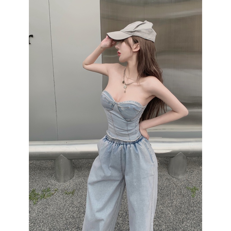 Set áo ống jeans xanh croptop cúp ngực hở vai lưng sexy + quần dài cao eo thun chân ống rộng ulzzang sang trọng